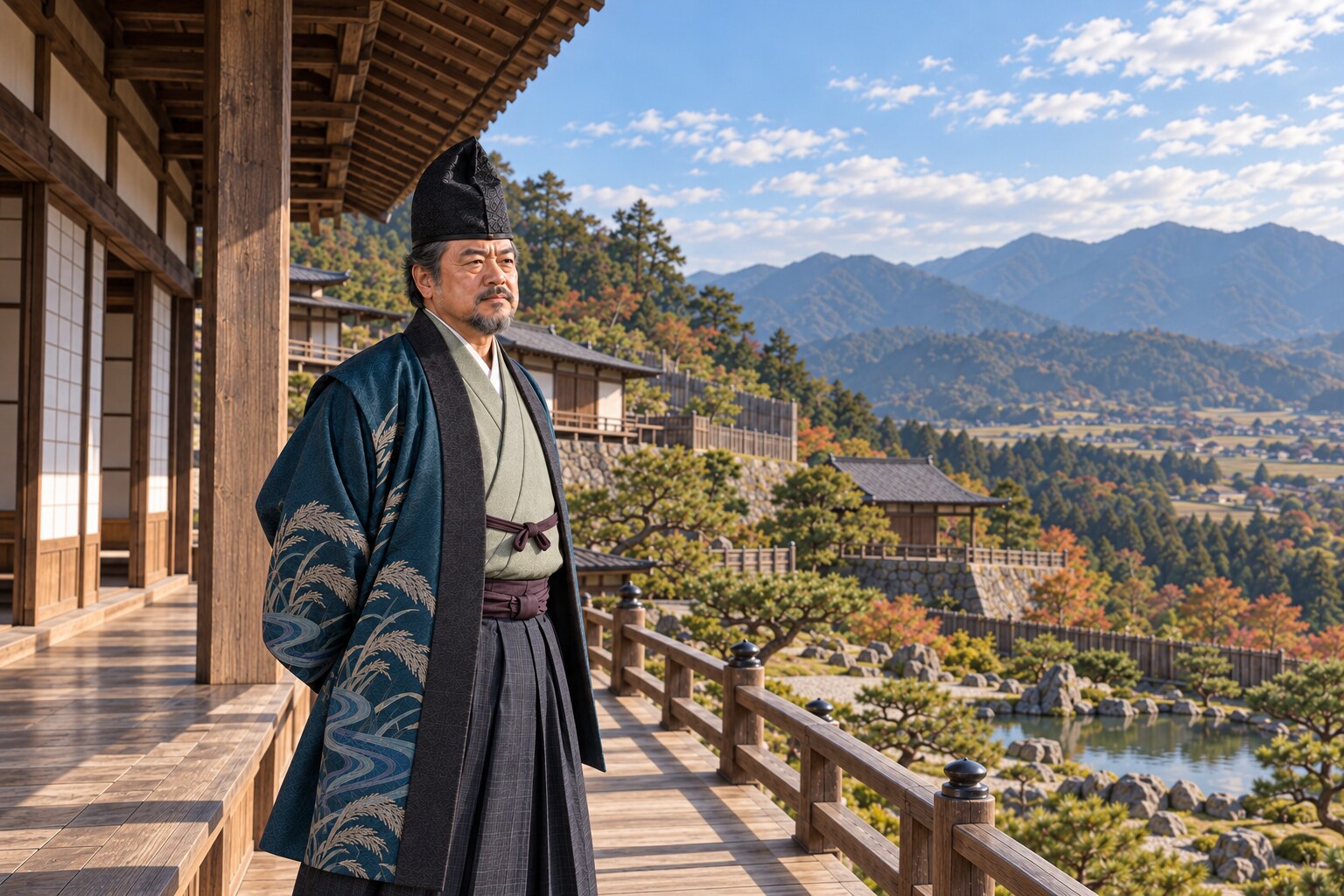 山城と麓の集落を望む頼芸の想像場面（城の復元図ではない）（AI生成イメージ）