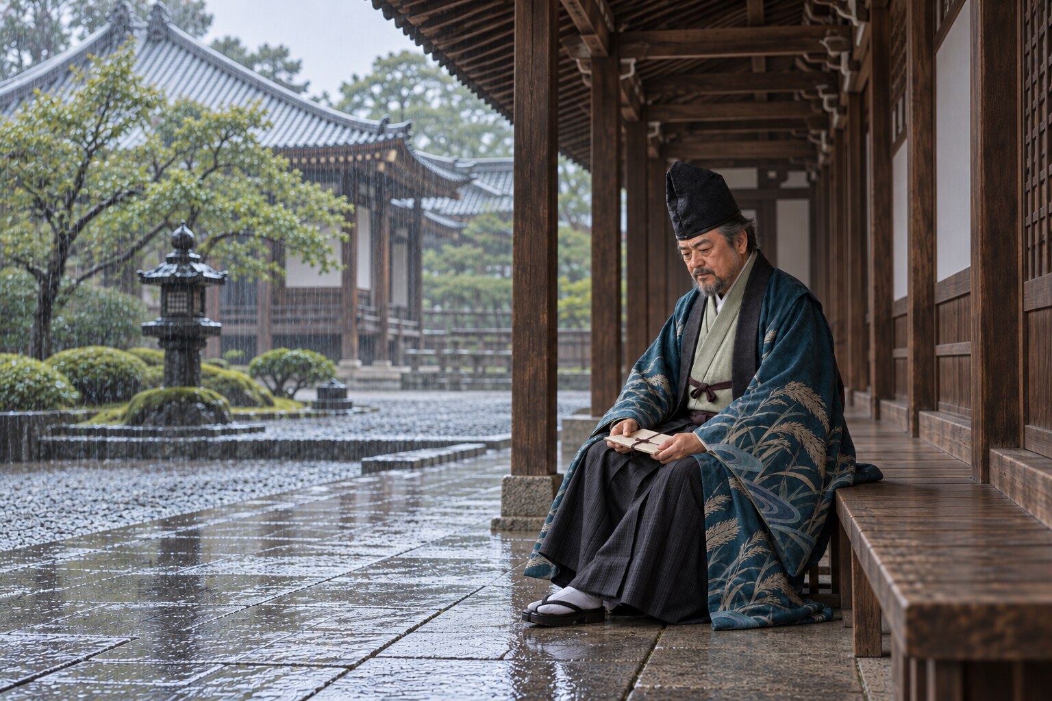 他国の寺の軒下で過ごす頼芸の想像場面（AI生成イメージ）