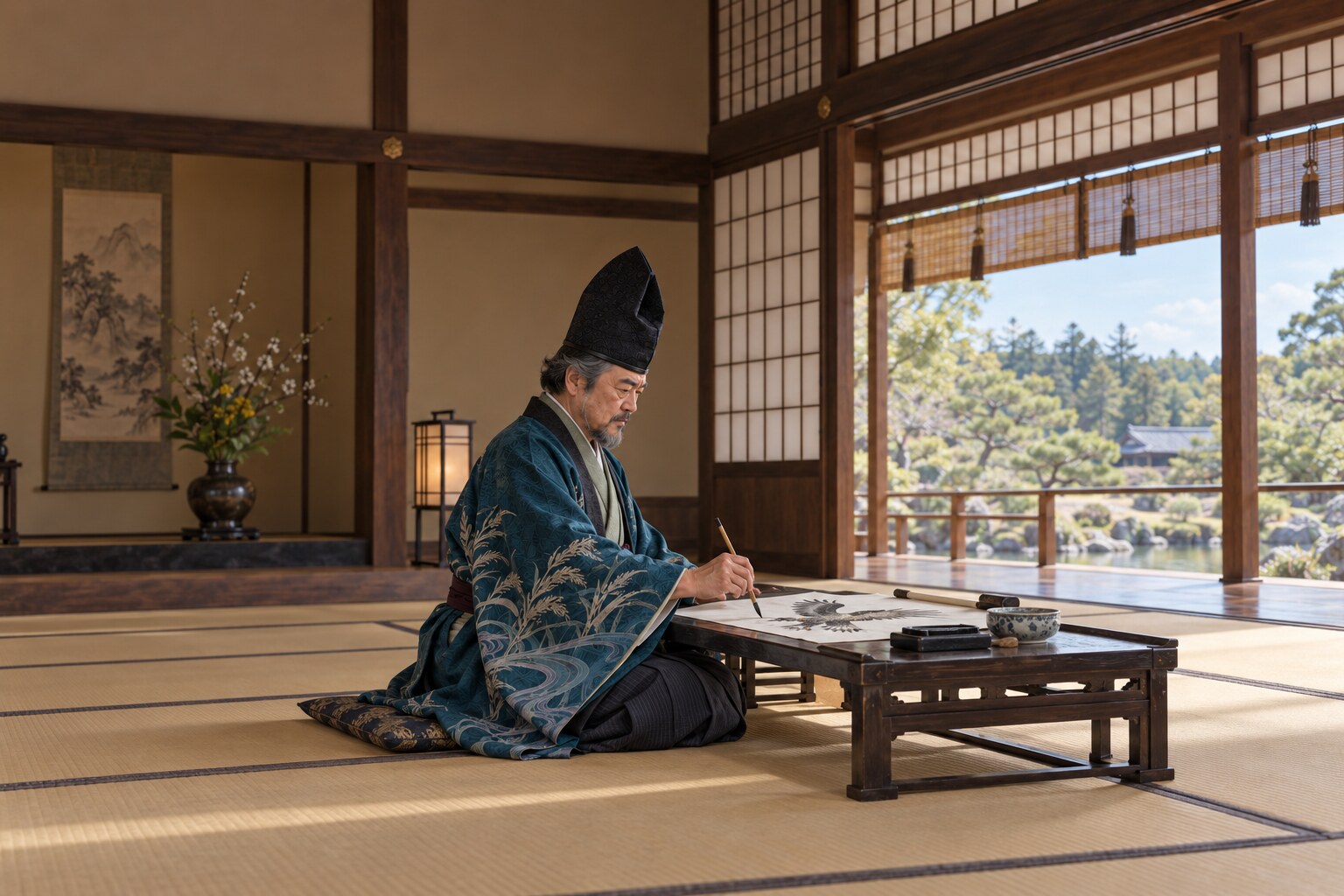 鷹を描く頼芸の想像場面（画中の絵も創作）（AI生成イメージ）