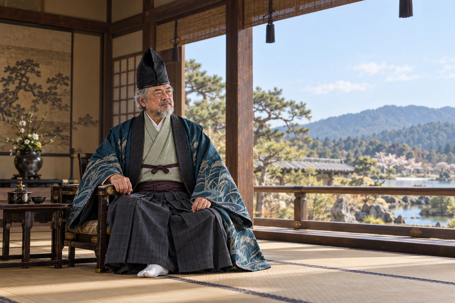 晩年の頼芸が窓辺に座る想像場面（AI生成イメージ）