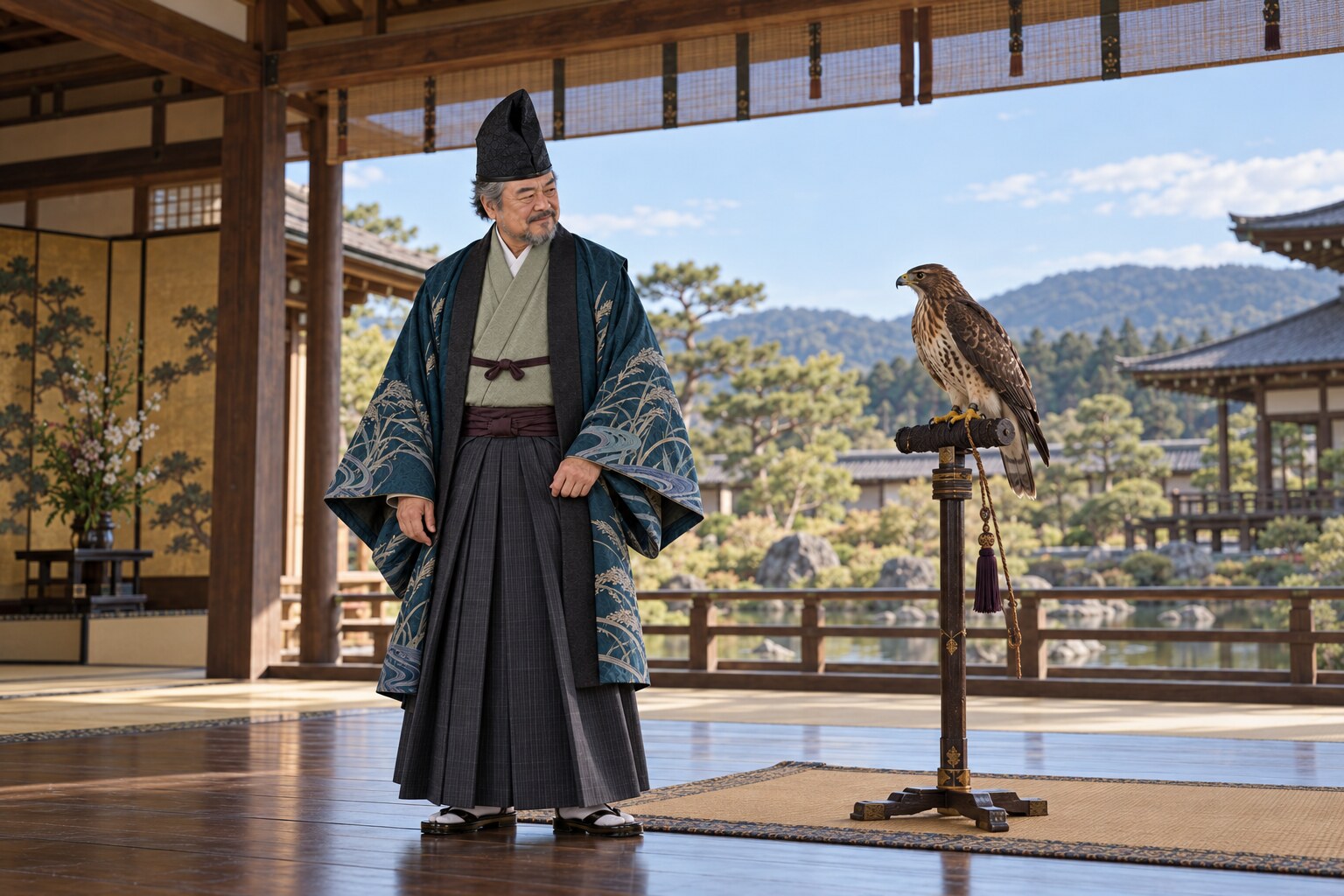 鷹を見つめる頼芸の想像図（飼育や写生の史実を示すものではない）（AI生成イメージ）