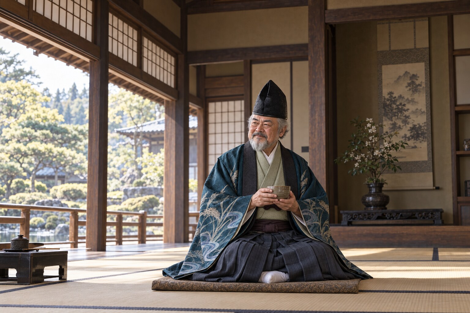 晩年の頼芸が茶碗を手にする想像場面（AI生成イメージ）
