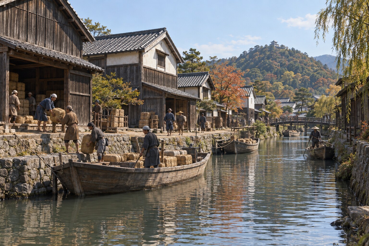 八幡の城下町と水運を描いた想像図（AI生成イメージ）