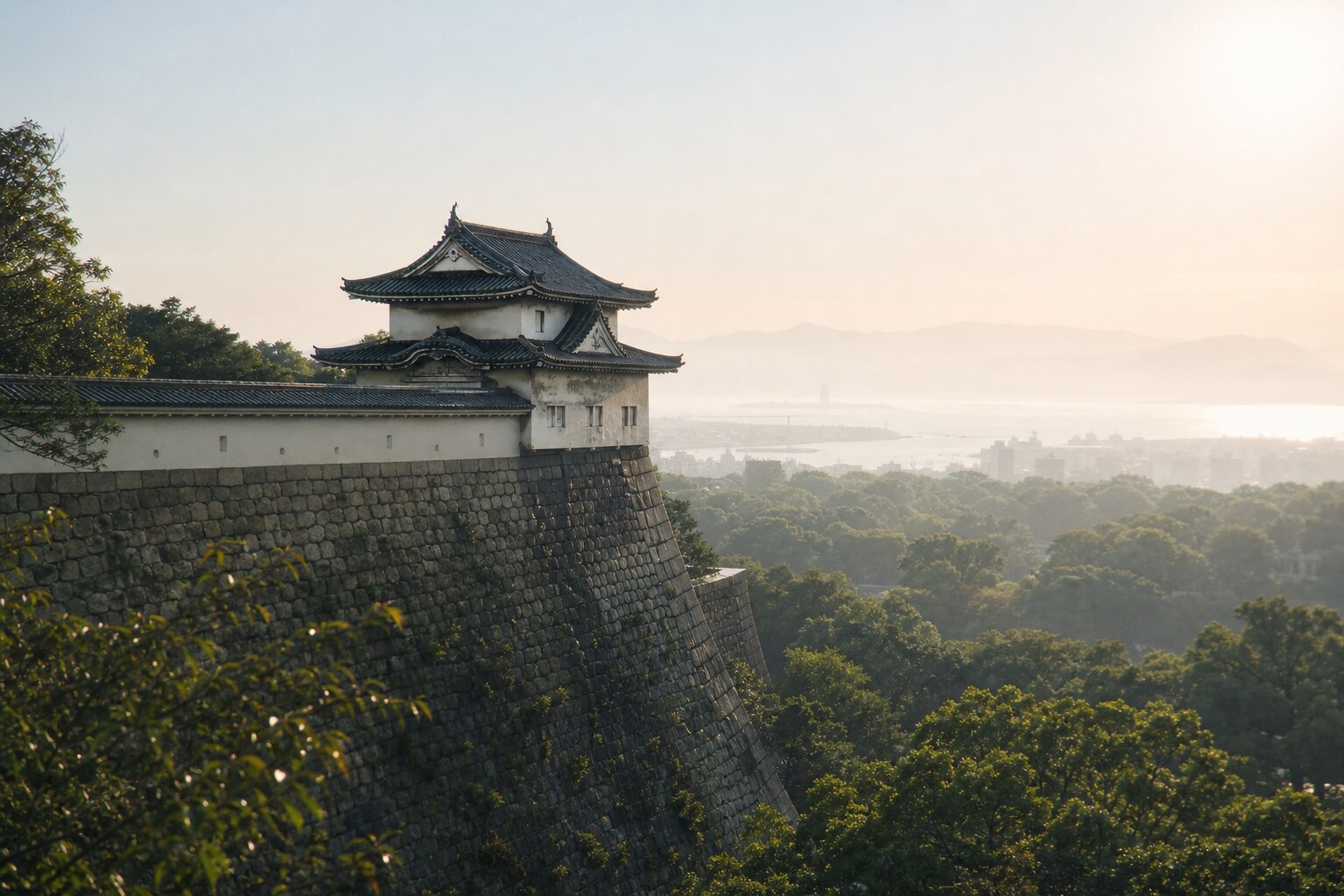 大坂城南西、千貫矢倉周辺の遠景（AI生成イメージ）
