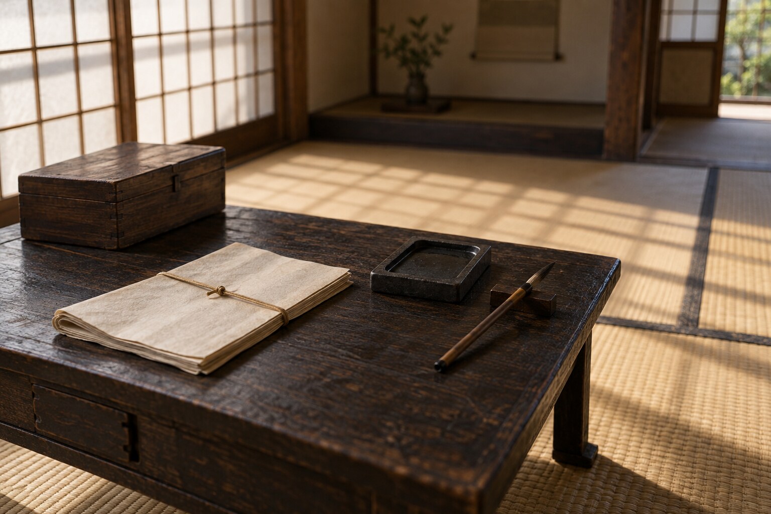 家督の継承をイメージした書院の想像図。史料原本や系図の再現ではない（AI生成イメージ）