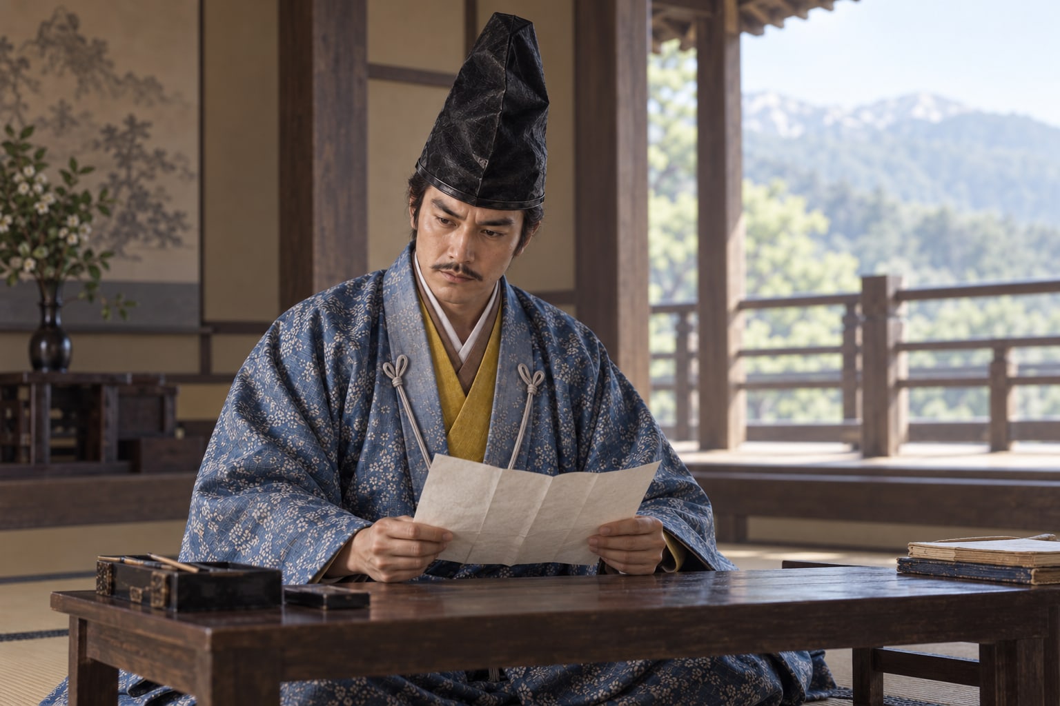 御館の乱の時期、書状に目を通す若い景勝を想像した場面(AI生成イメージ)