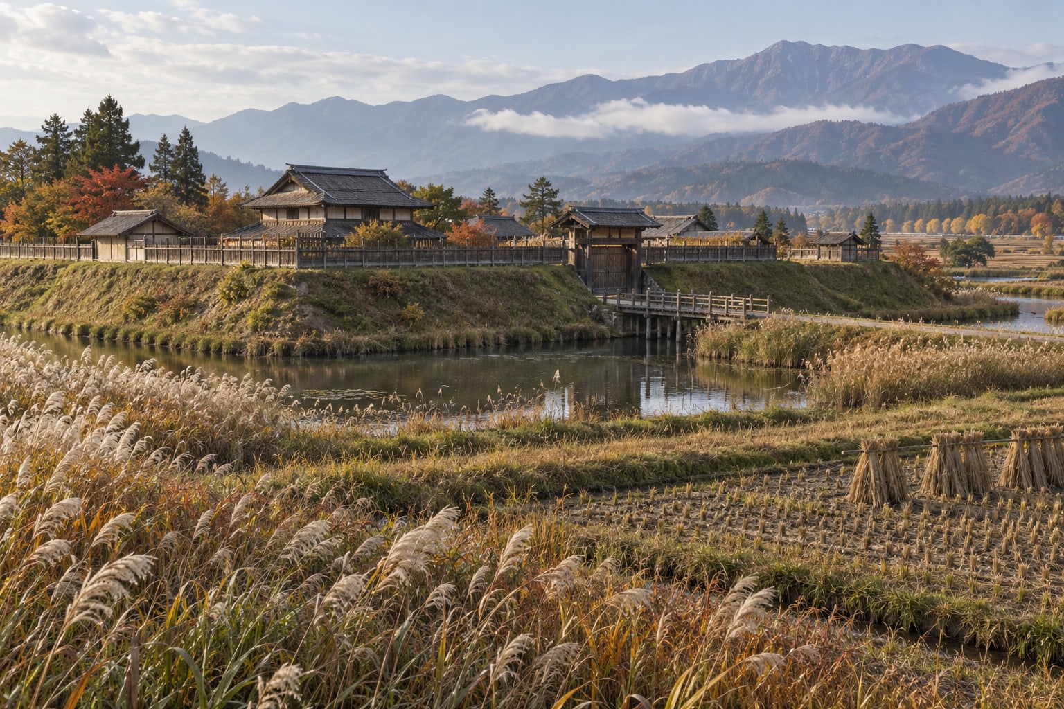 越後の平野にある土塁・堀・木造の城を想像した景観(AI生成イメージ)