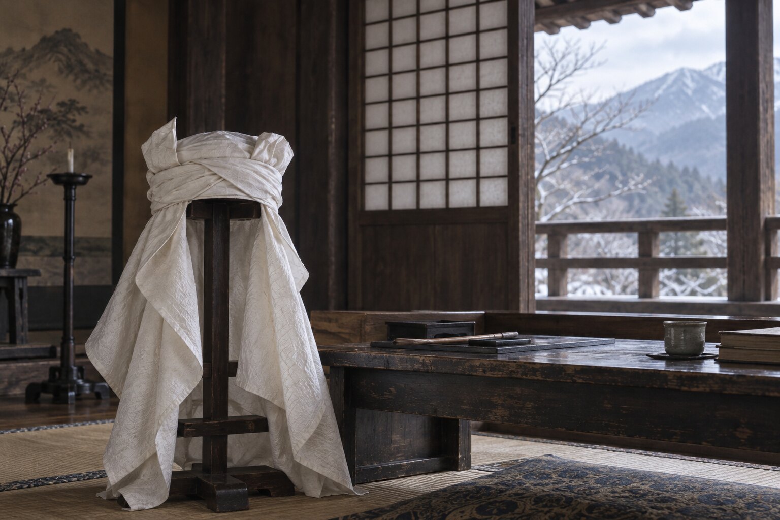 謙信の不在を表す白い頭巾と春日山の居室の創作（AI生成イメージ）