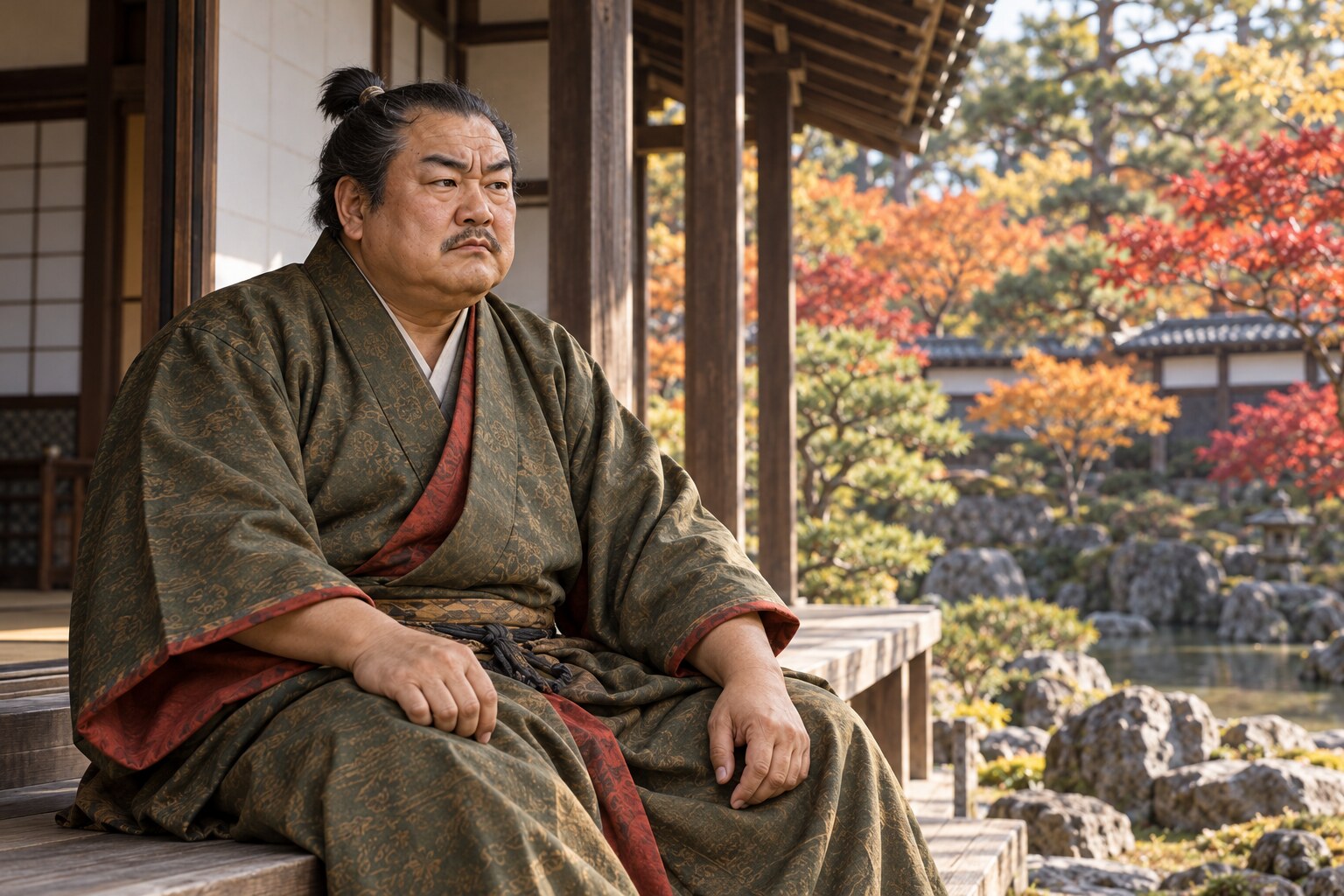 越後で晩年を過ごす憲政の想像図。庭園や館は創作(AI生成イメージ)
