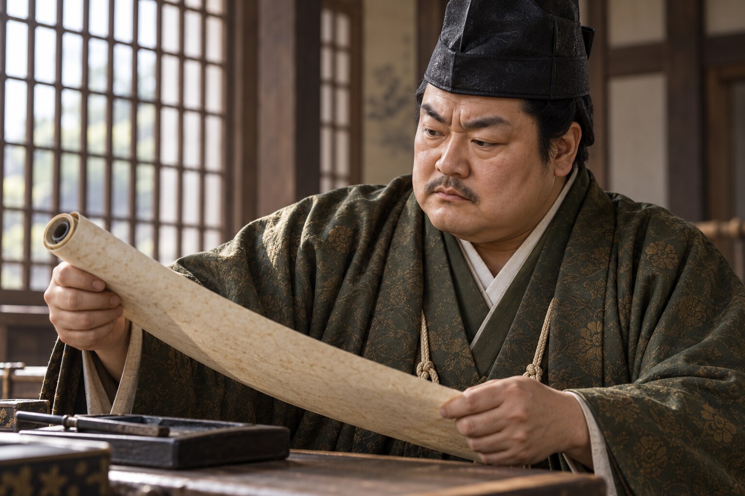 文書に目を通す憲政の想像図。署名の実物を描いたものではない(AI生成イメージ)