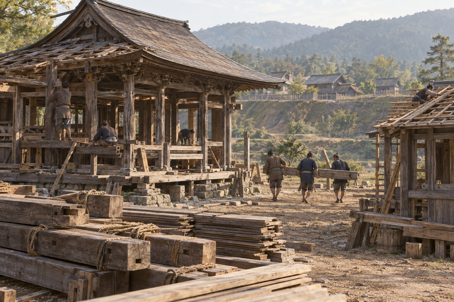城下の寺院移転を主題にした想像イメージ。善念寺の実景ではない(AI生成イメージ)