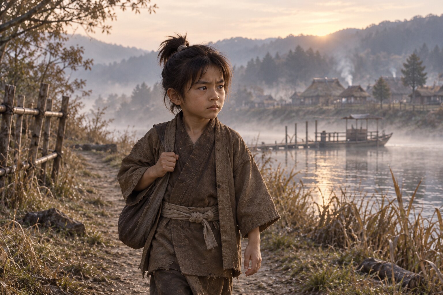 幼少期の流浪伝承をもとにした備前の川辺の想像図(AI生成イメージ)