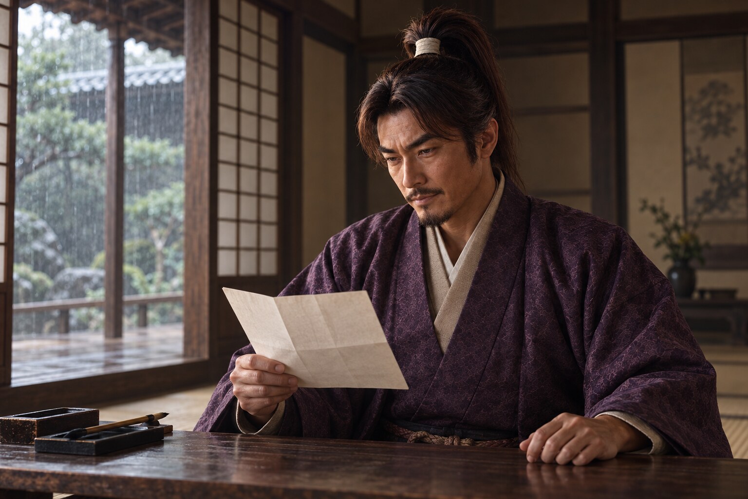 織田方への転属期、書状を前にする晩年の直家の想像図(AI生成イメージ)