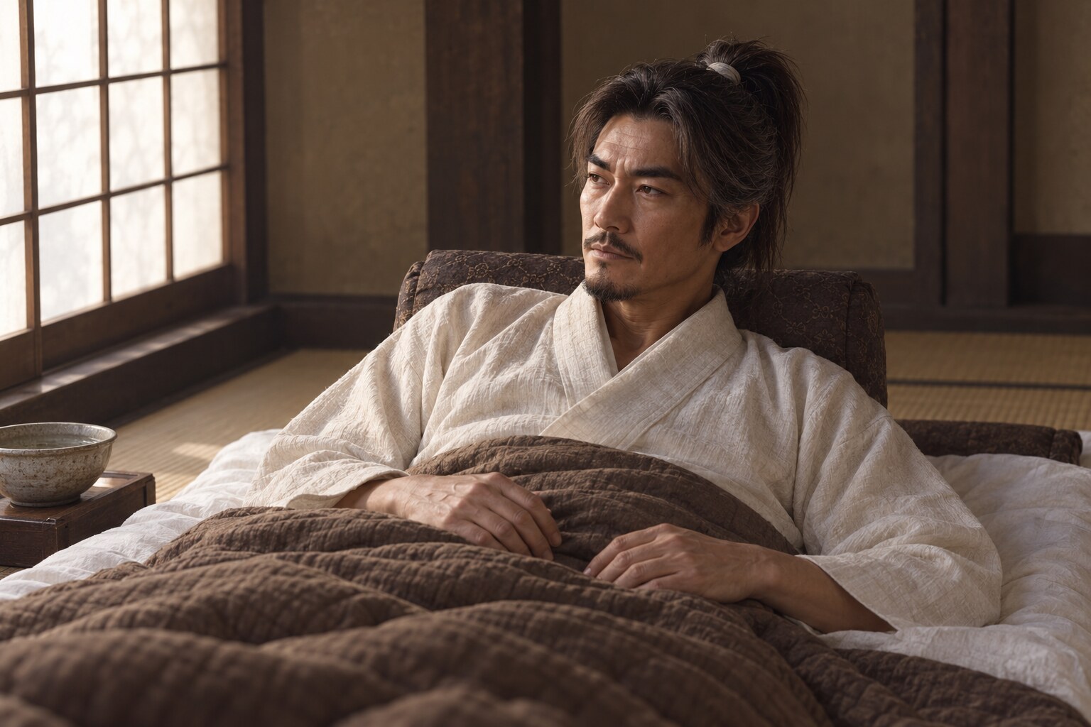 岡山で病に伏す晩年の直家を描いた想像図。病状や臨終の再現ではない(AI生成イメージ)