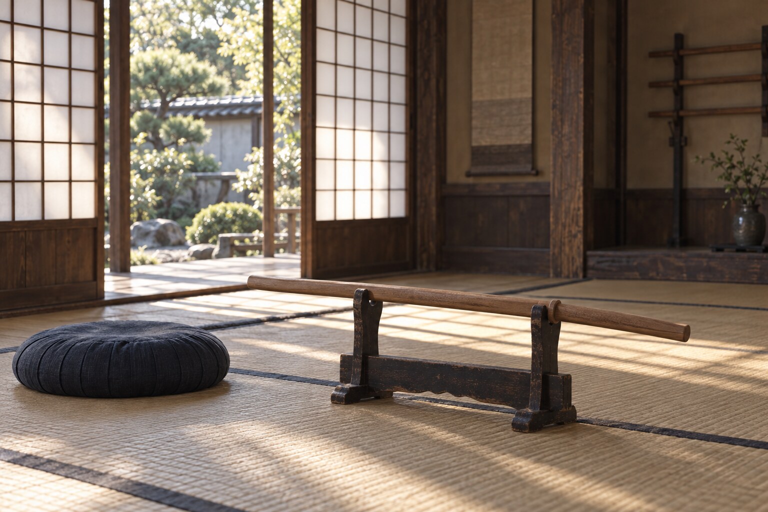 心を止めない稽古をイメージした木刀と道場の静物(AI生成イメージ)