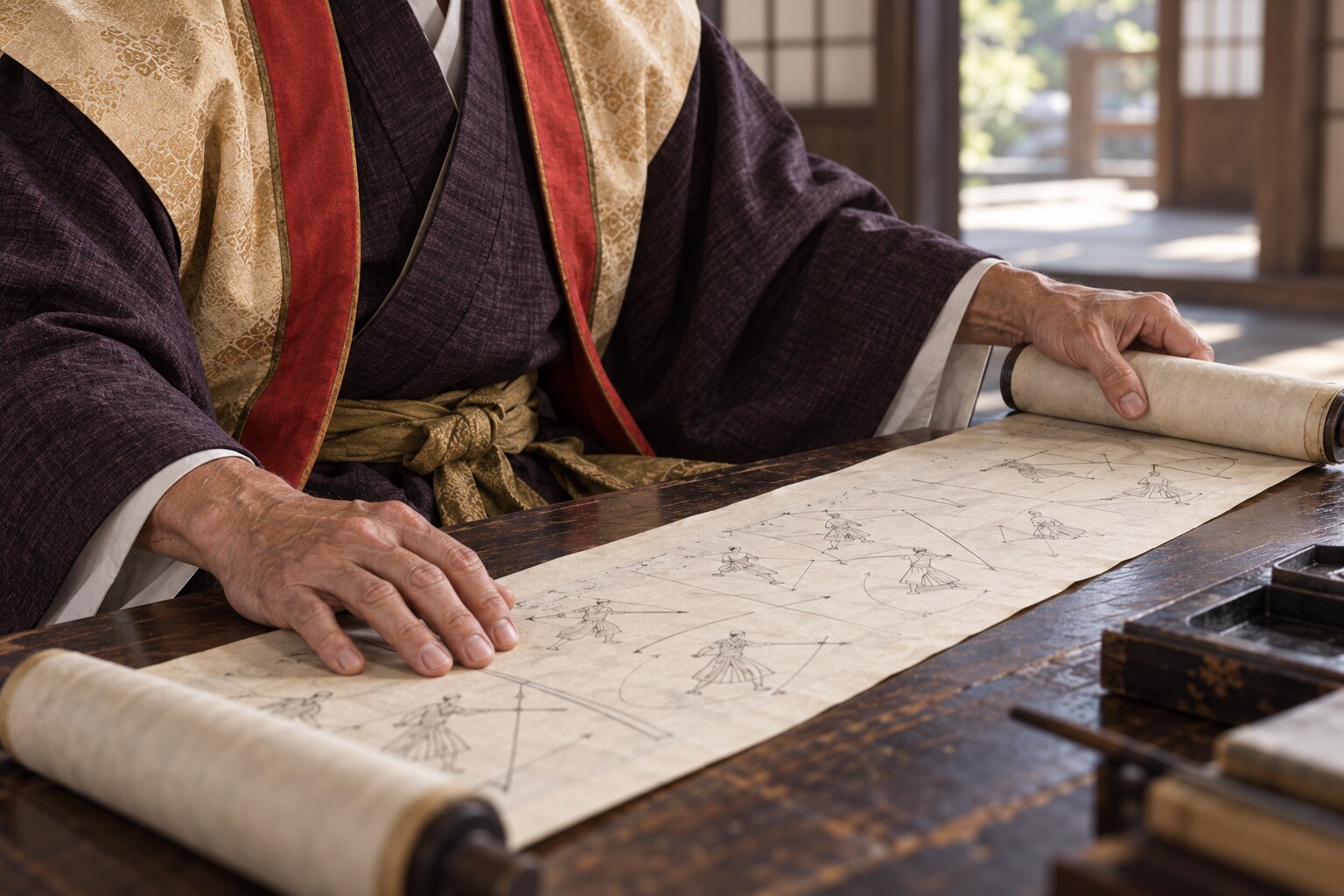 新陰流の伝授を象徴する巻物の想像図。現存伝書の複製ではない(AI生成イメージ)