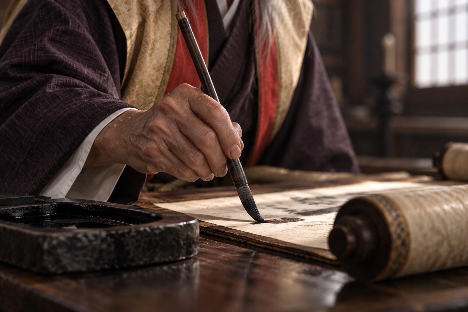 兵法の伝授を象徴する筆と巻物の想像図。輝元宛原本の複製ではない(AI生成イメージ)
