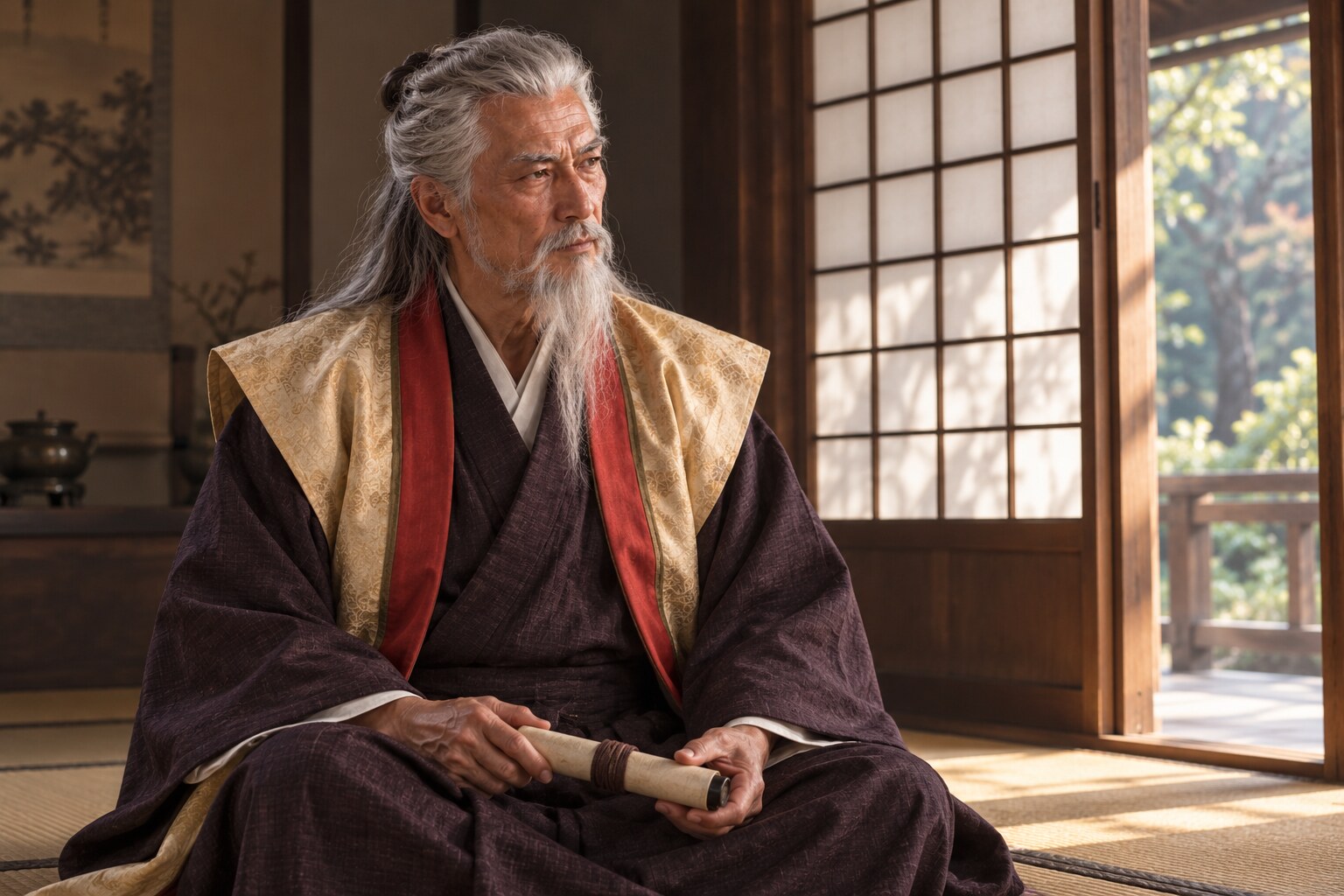 巻物を手に静かに座る晩年の石舟斎の想像図(AI生成イメージ)