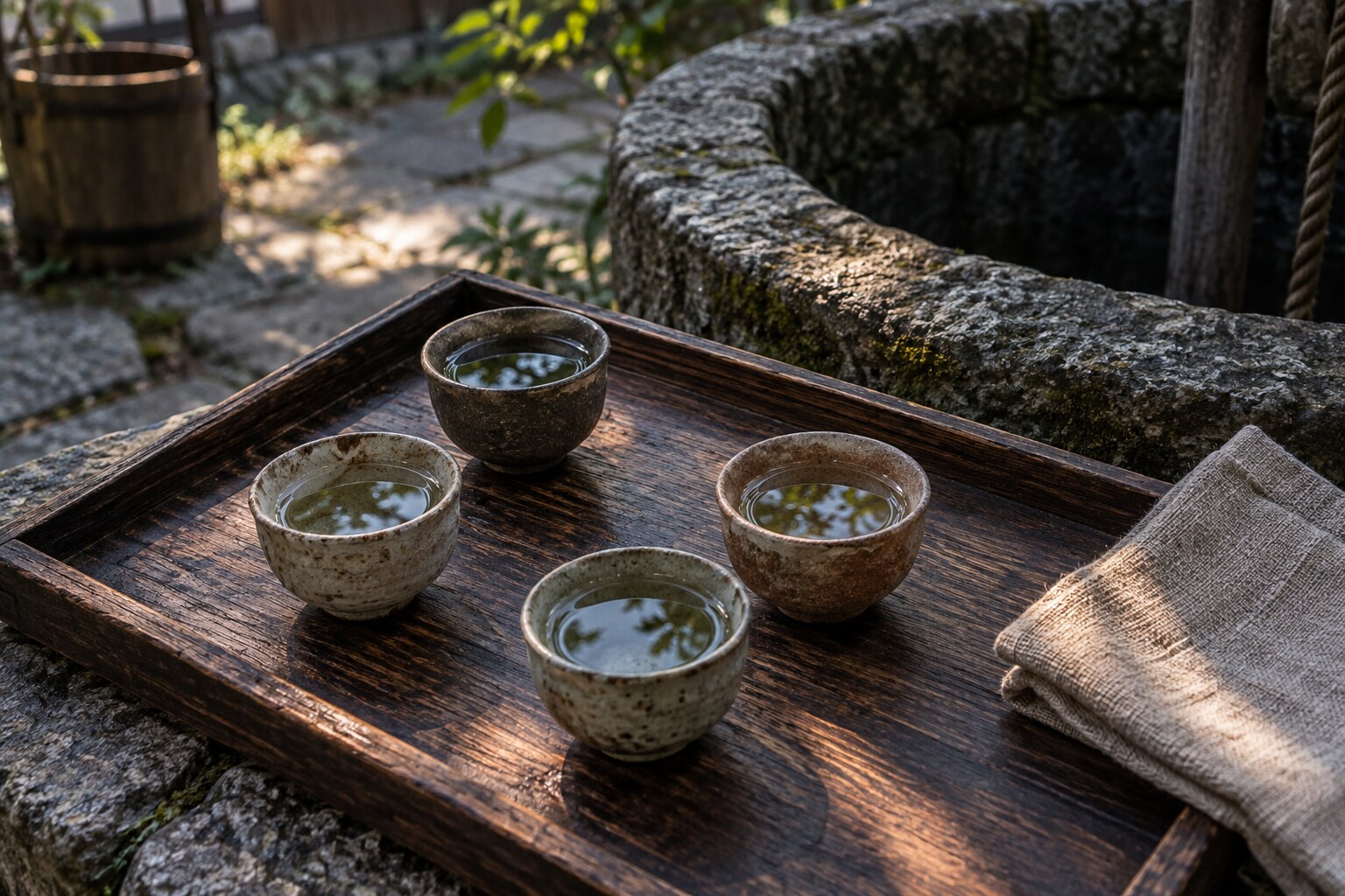 水盃の伝承を象徴する四つの器の想像図。実際の遺物ではない（AI生成イメージ）