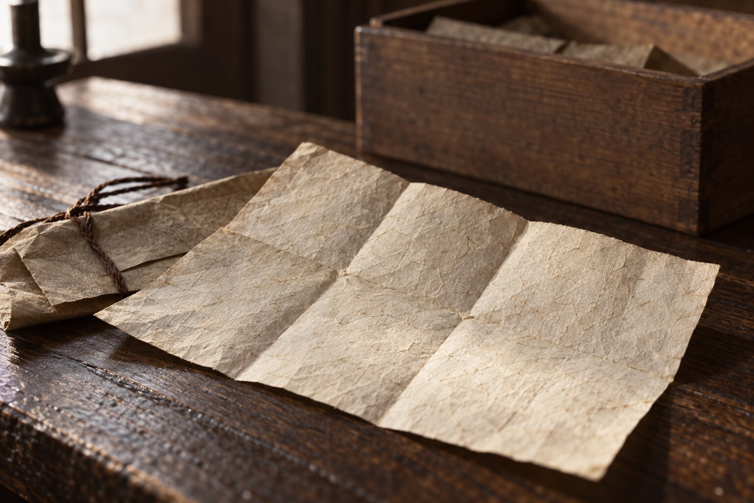 戦国期の書状をイメージした静物。実物の文書・筆跡の再現ではない(AI生成イメージ)