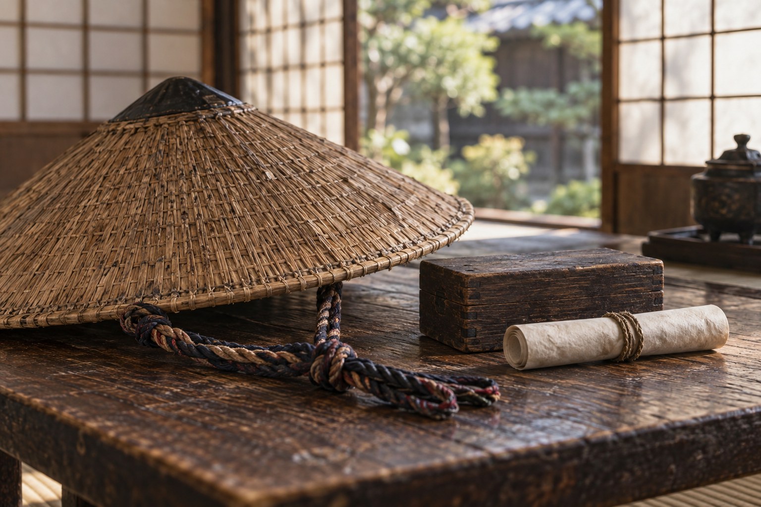 密書の伝承にちなむ笠と文箱の想像図(AI生成)(AI生成イメージ)