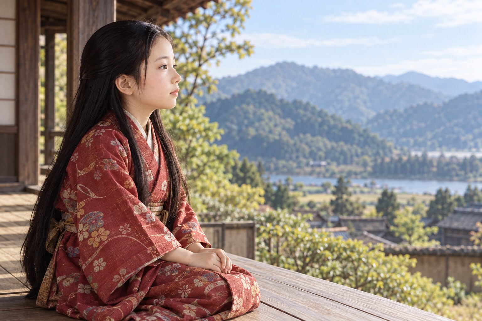 近江の山並みを望む幼い茶々。幼少期の姿と情景はAIによる想像復元(AI生成イメージ)