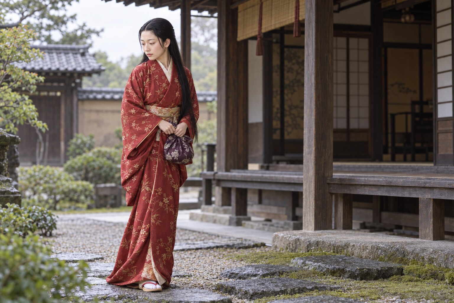 旅支度で城の庭に立つ十代の茶々。北ノ庄を離れた時期を題材とする想像復元(AI生成イメージ)