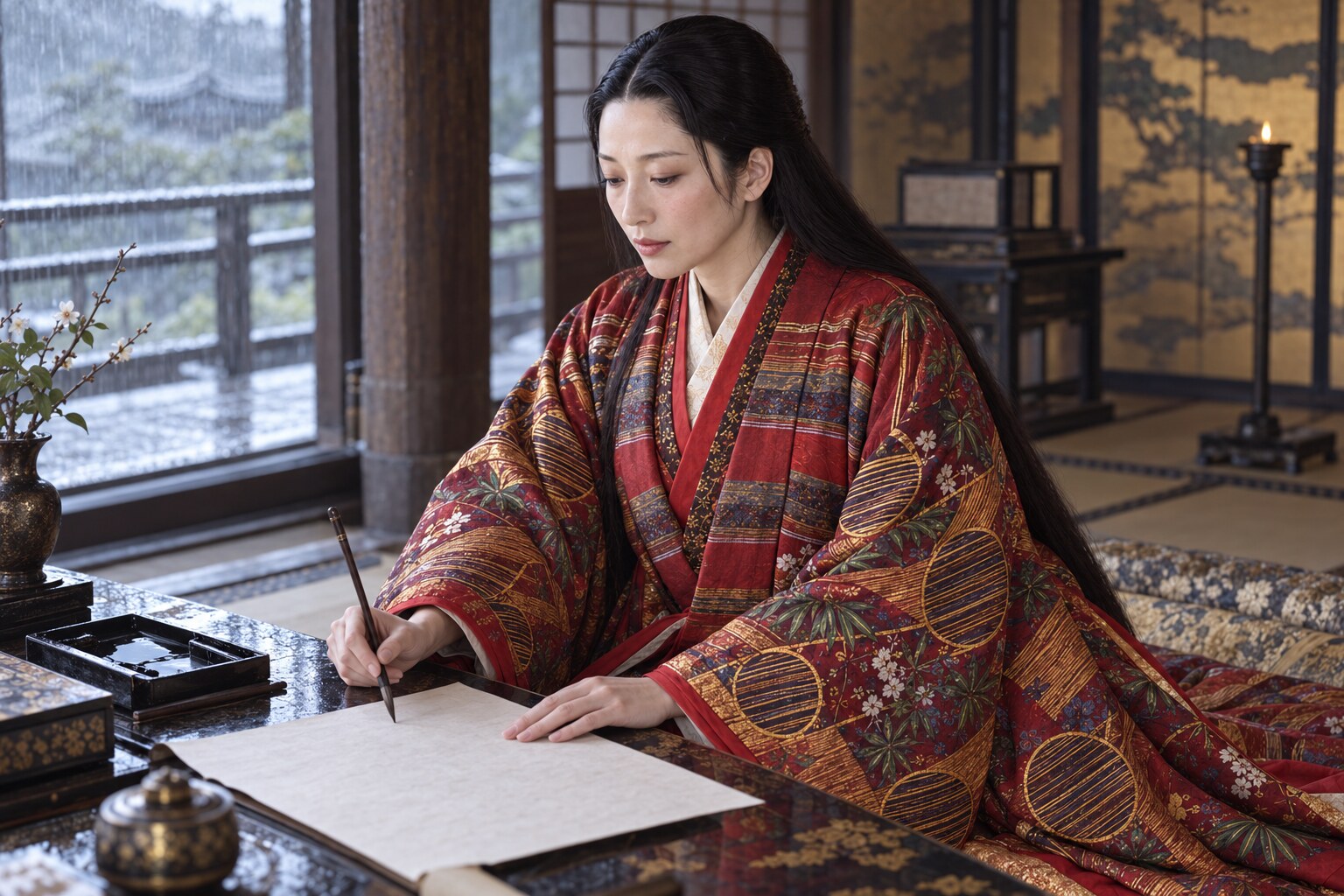 文机で筆をとる壮年の茶々。書状による交流を題材とした想像復元(AI生成イメージ)