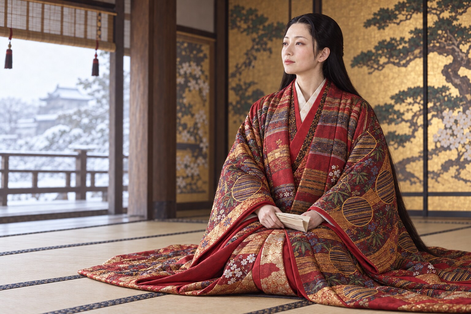 冬の居室で文を手にする晩年の茶々。大坂冬の陣の交渉期を題材とする想像復元(AI生成イメージ)