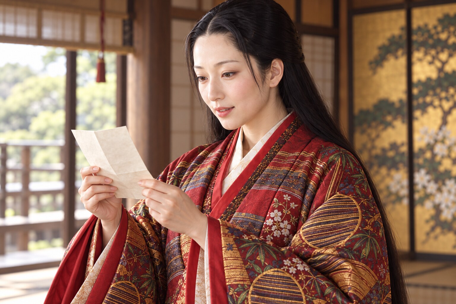 手紙に目を落とす茶々。秀吉との文通にちなむ想像復元で、書状の実物再現ではない(AI生成イメージ)