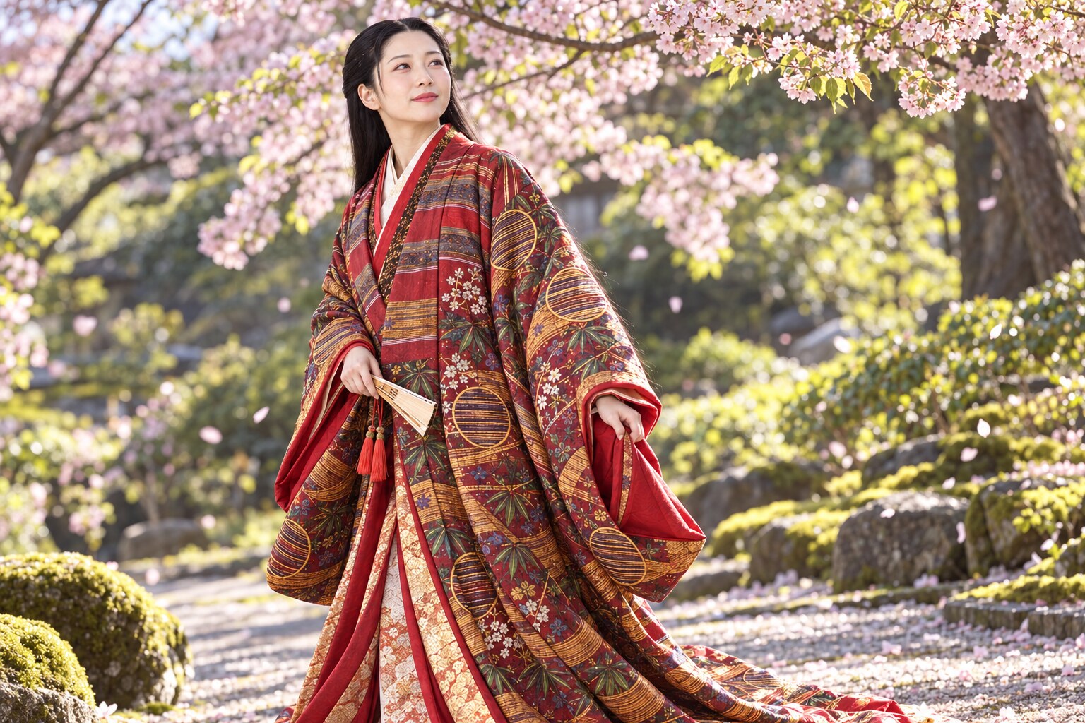 桜の下を歩く茶々。醍醐の花見にちなむ想像復元で、当日の衣装や配置は確定していない(AI生成イメージ)