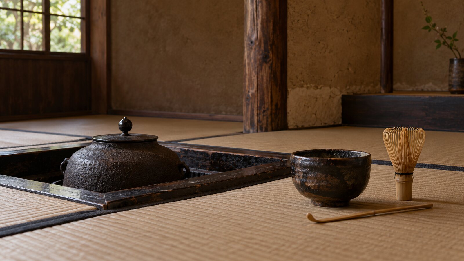 鉄釜と茶碗、茶筅、茶杓を配した簡素な茶室の創作イメージ（AI生成イメージ）