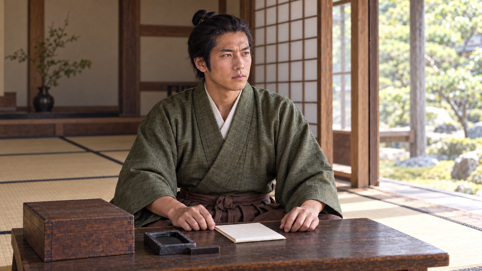 生存を仮定した信親が土佐の屋敷で文箱と机に向かう想像図。実在の執務場面を描いたものではない（AI生成イメージ）