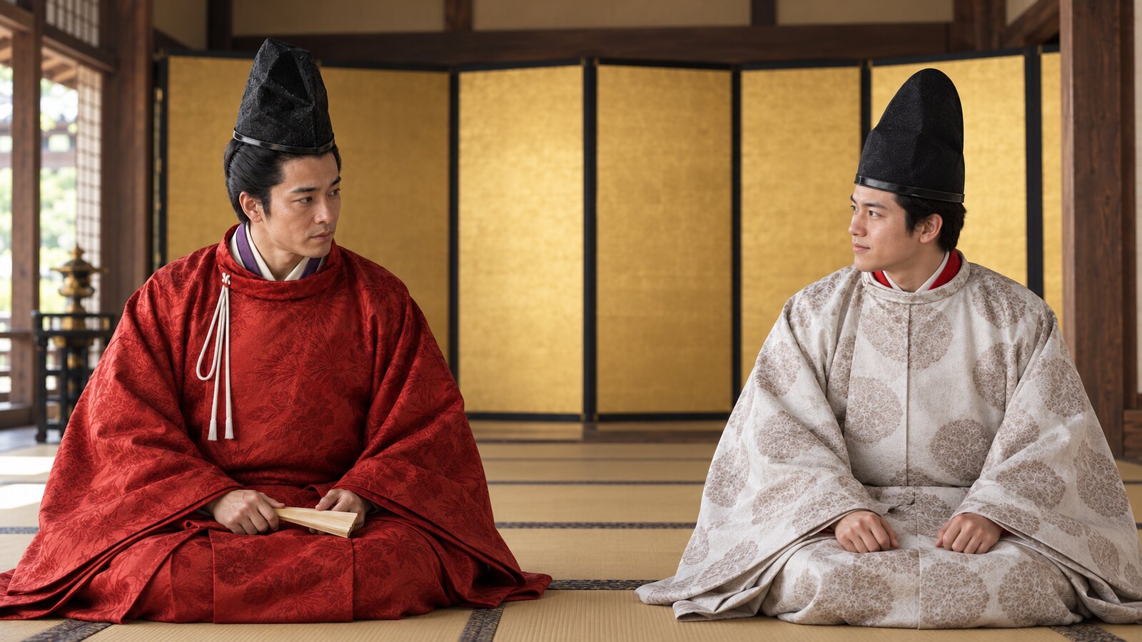 赤い装束の秀次と白い装束の成長した秀頼が向かい合う、共存を考えるための想像図(AI生成)