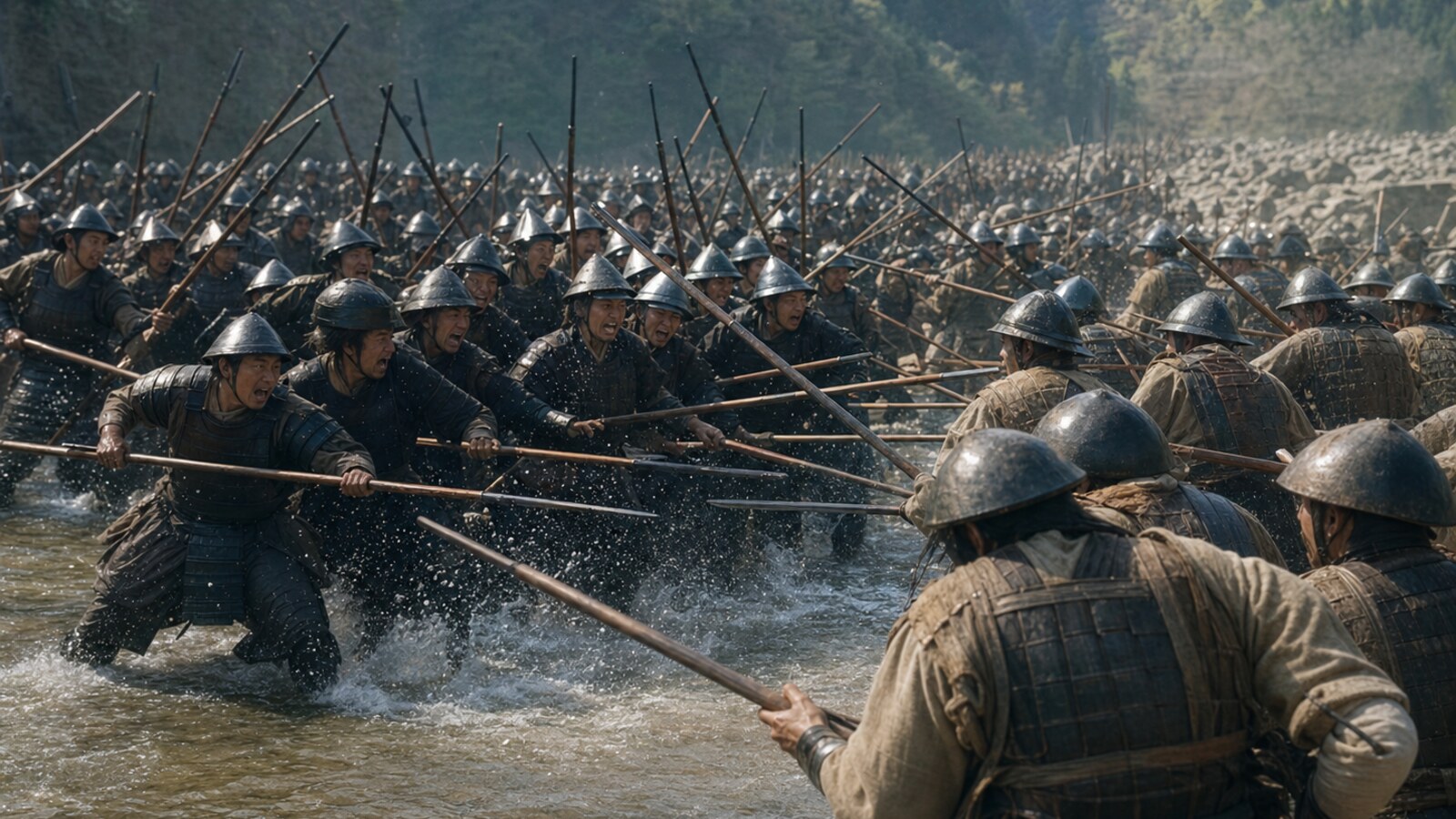 姉川の浅瀬で入り乱れて押し合う両軍の白兵戦を描いた実写調イメージ