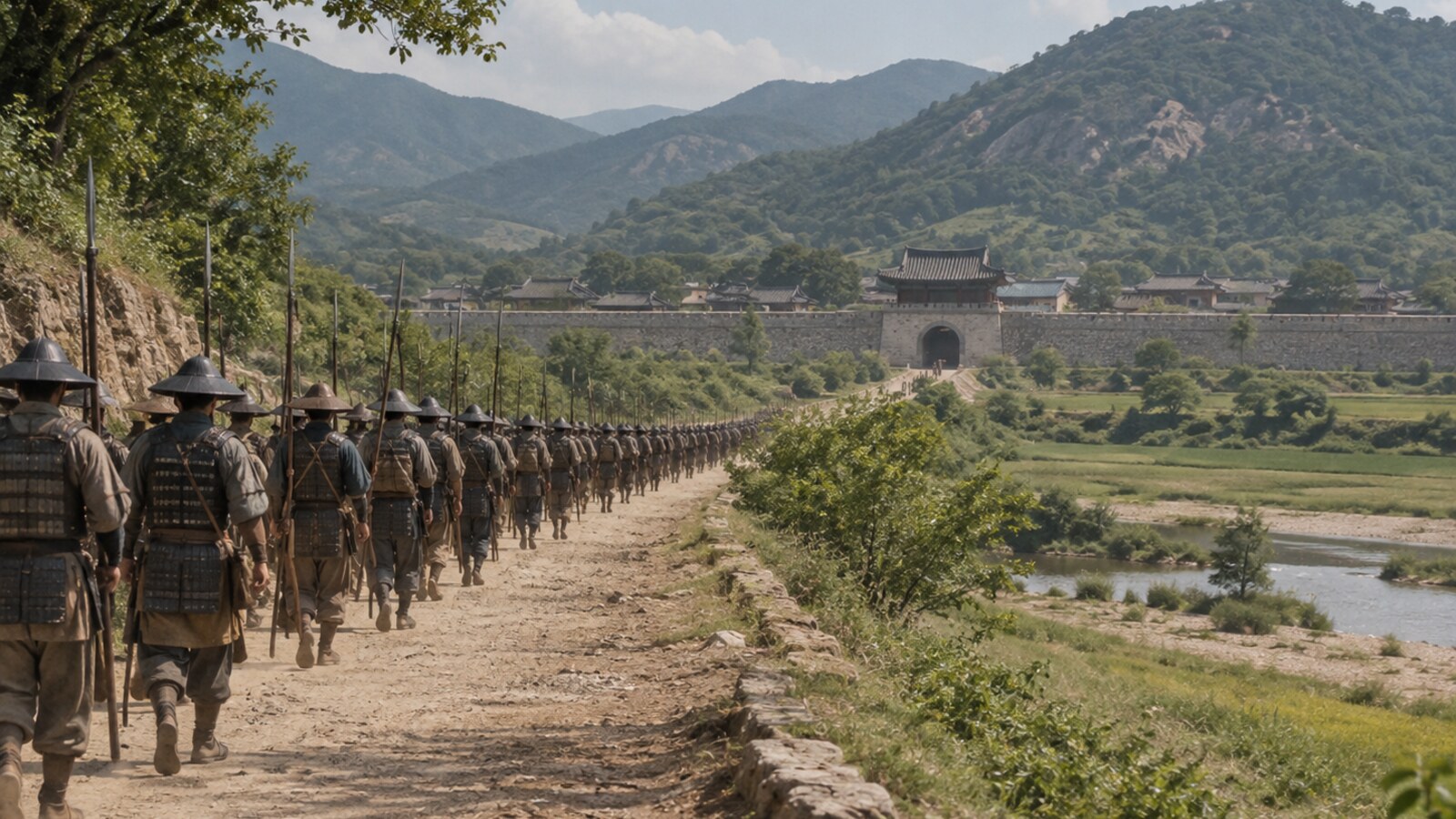 朝鮮半島の城郭都市へ向かう日本軍の行軍を題材にした想像図。特定の城や経路の復元ではない(AI生成)