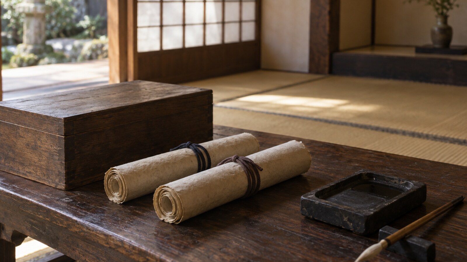 講和交渉の文書を題材にした書状と文箱の想像図。現存する勅諭や冊封文の複製ではない(AI生成)