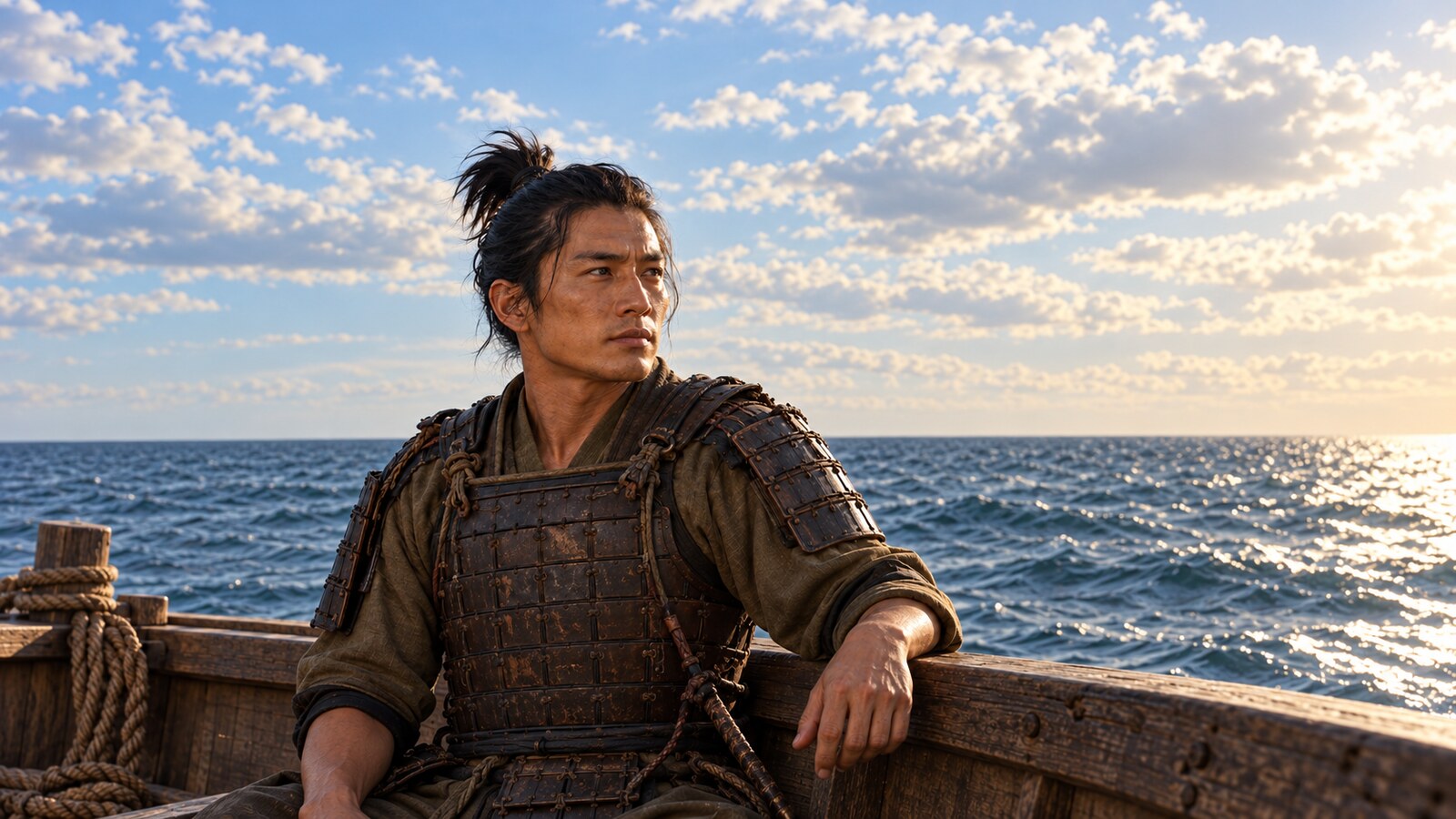 船上で海を見渡す村上元吉の実写調のAI想像肖像