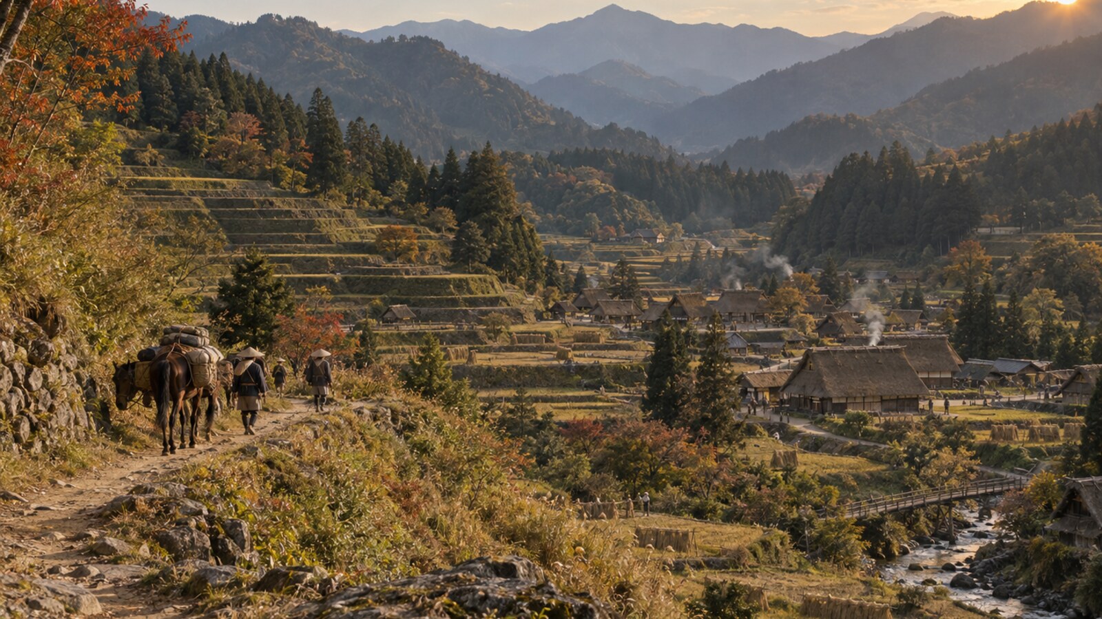 上野の山あいと領地を結ぶ道を想像した情景。特定の行軍経路を復元したものではない（AI生成イメージ）