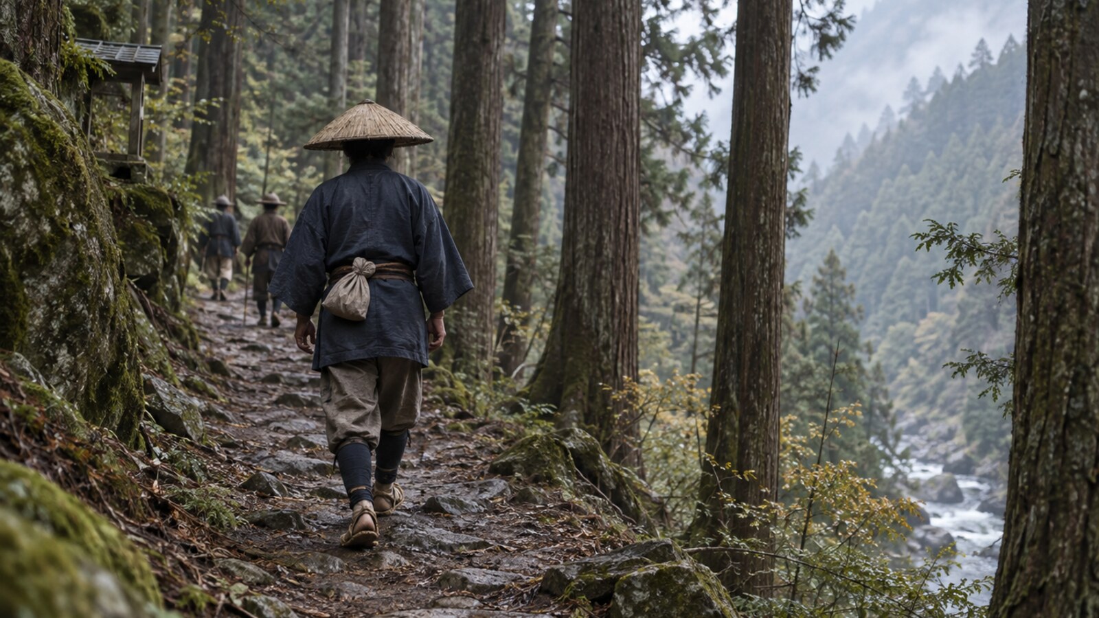 越後との連絡を想像した山道の使者。特定人物や通行路の復元ではない（AI生成イメージ）