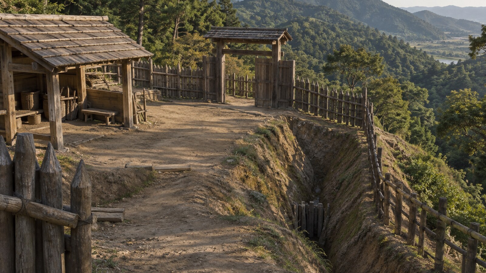 急斜面を利用した山城の曲輪を想像した情景。高天神城の建物配置を復元したものではない(AI生成イメージ)