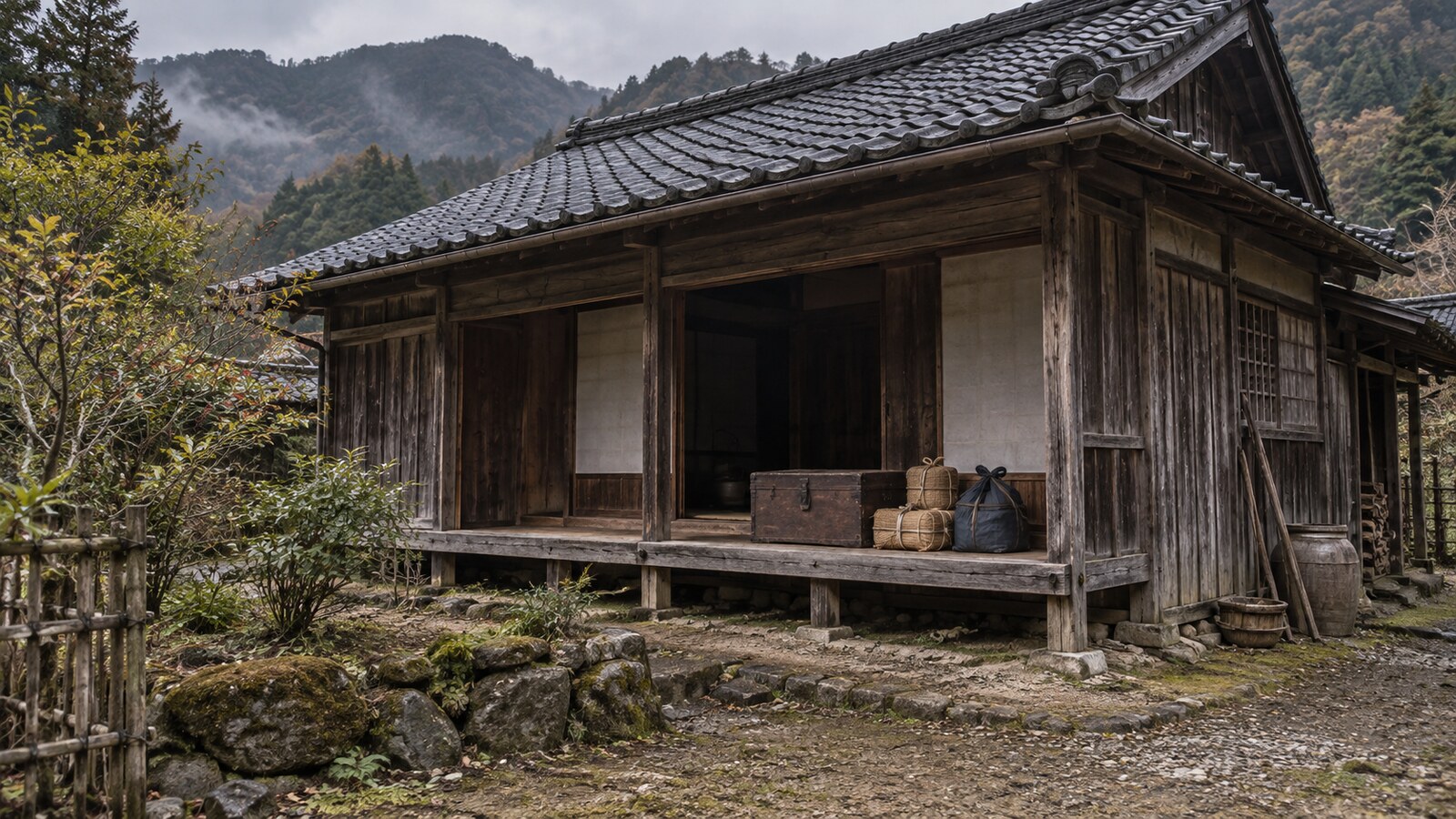 紀州での蟄居生活をイメージした山麓の屋敷と庭の想像図(AI生成)