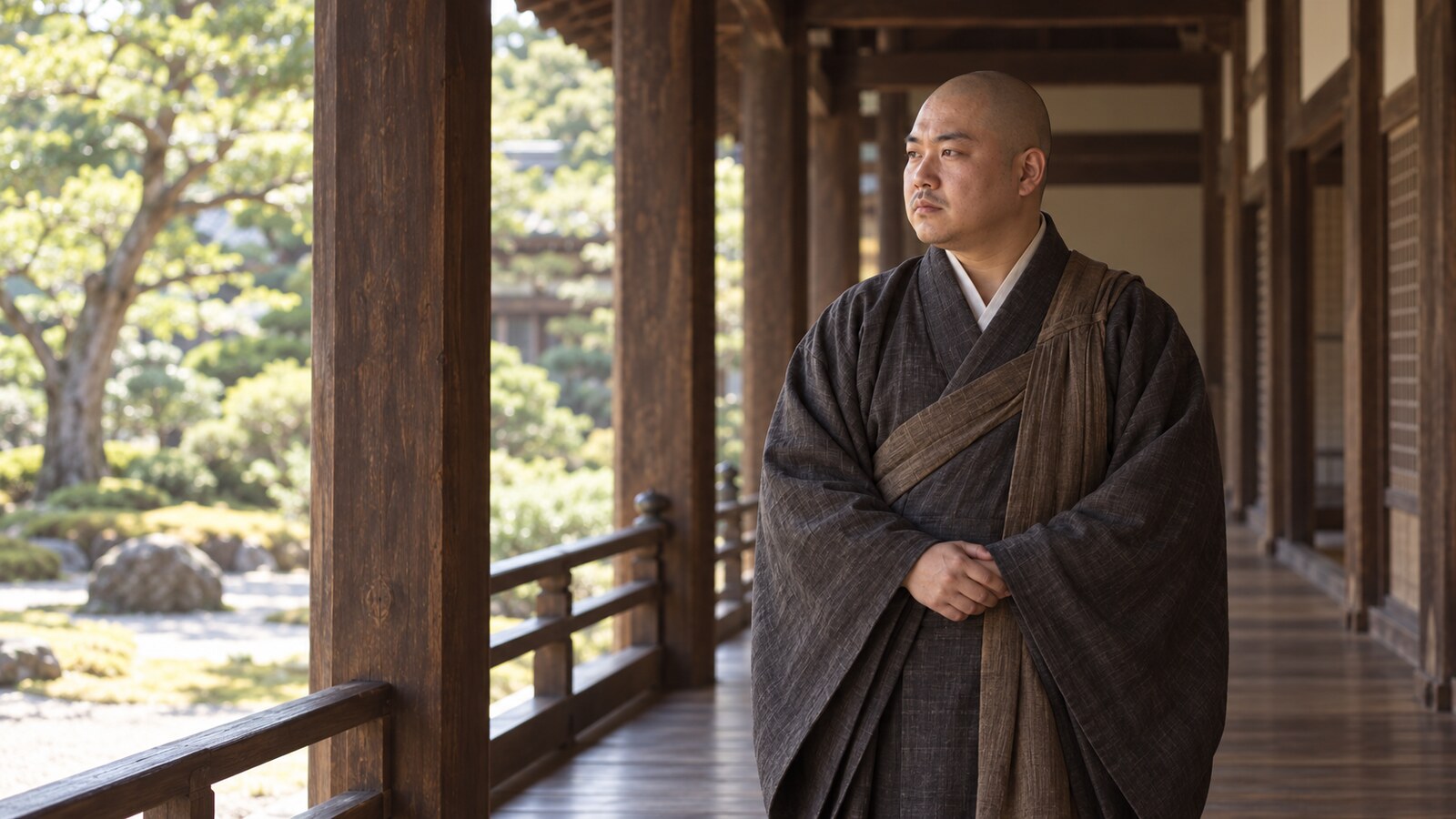 僧の覚慶として寺の回廊に立つ若い足利義昭の想像図。脱出の実際の場面を復元したものではない（AI生成イメージ）