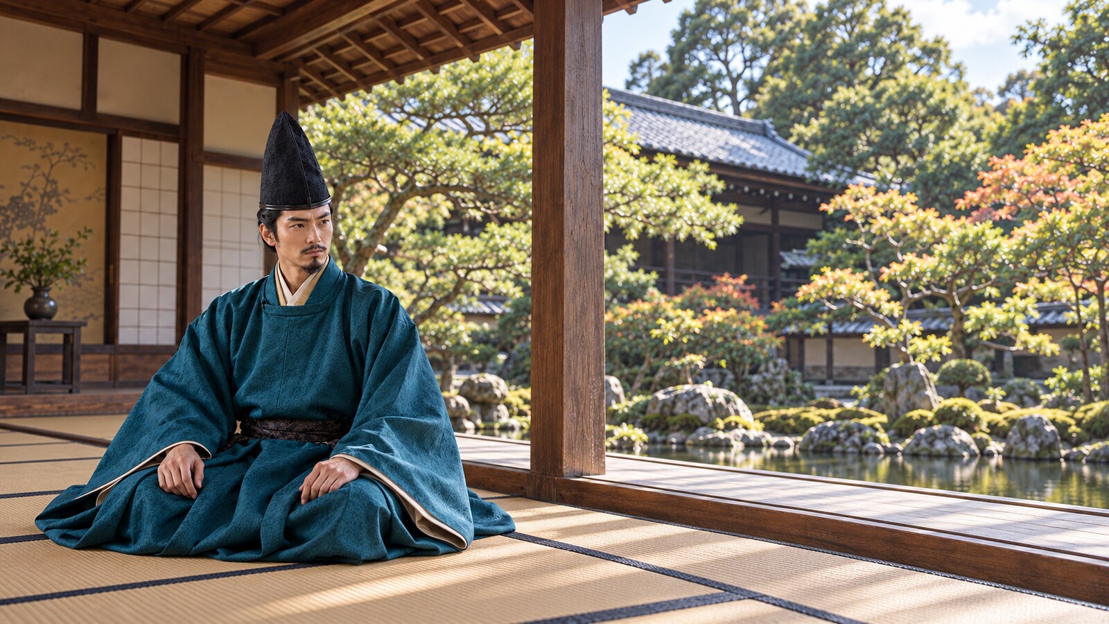 烏帽子と青緑の衣を着て御所の縁側に座る足利義輝の想像図（AI生成イメージ）