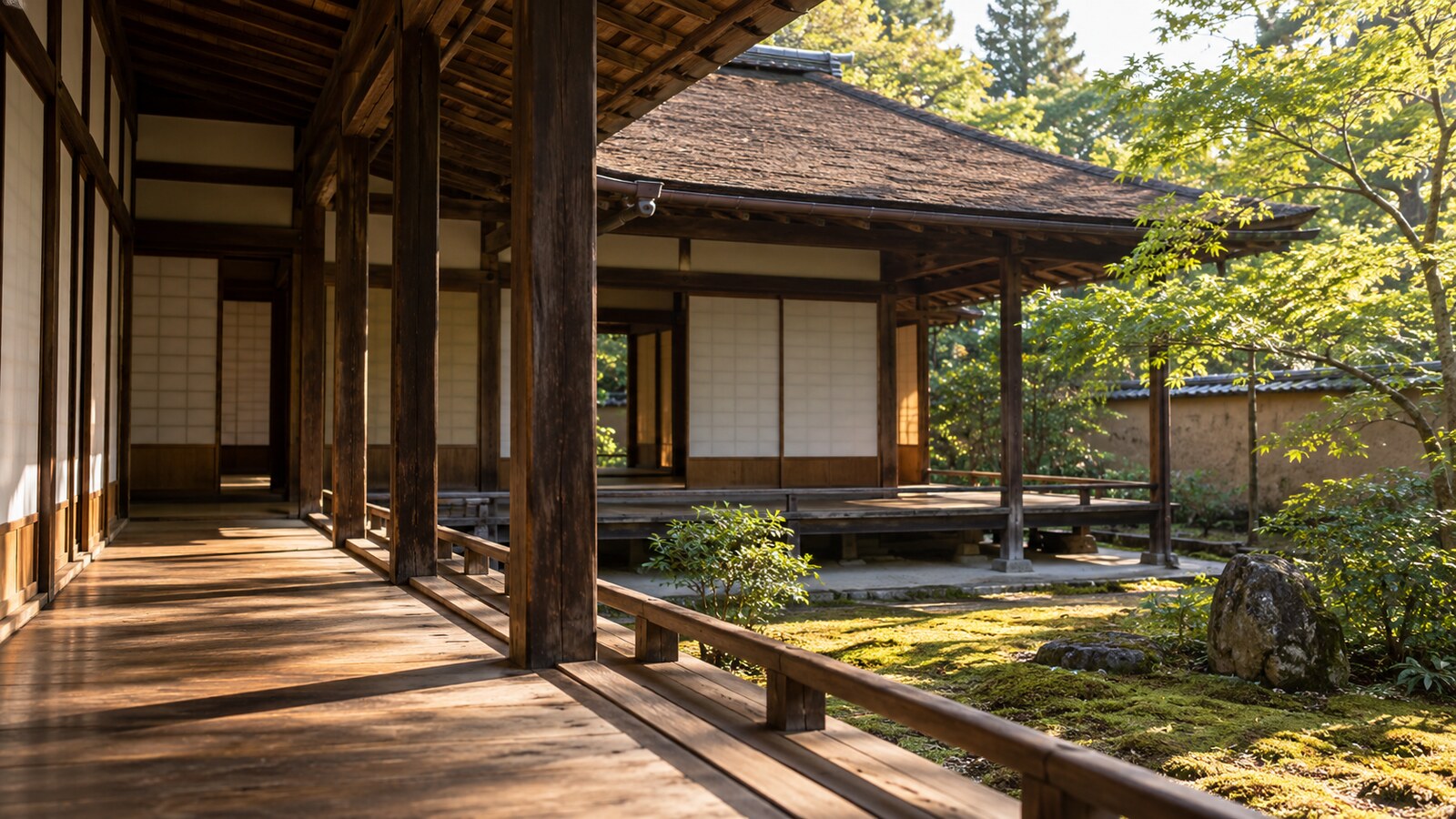 室町時代の将軍御所をイメージした木造の回廊と庭。二条御所の復元ではない（AI生成イメージ）