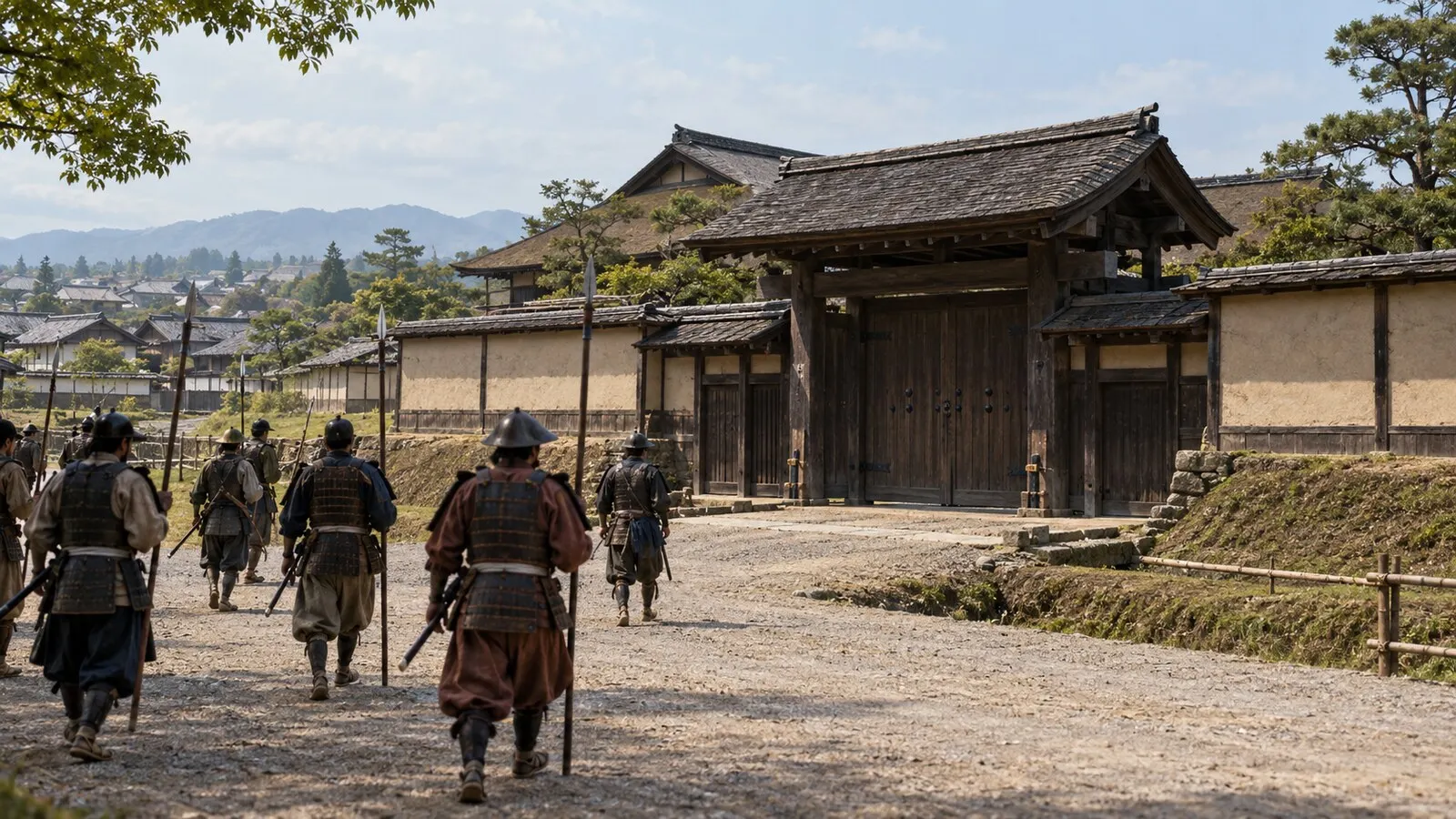 京都の将軍御所へ向かう武装勢の想像図。建物や兵の配置を復元したものではない(AI生成イメージ)