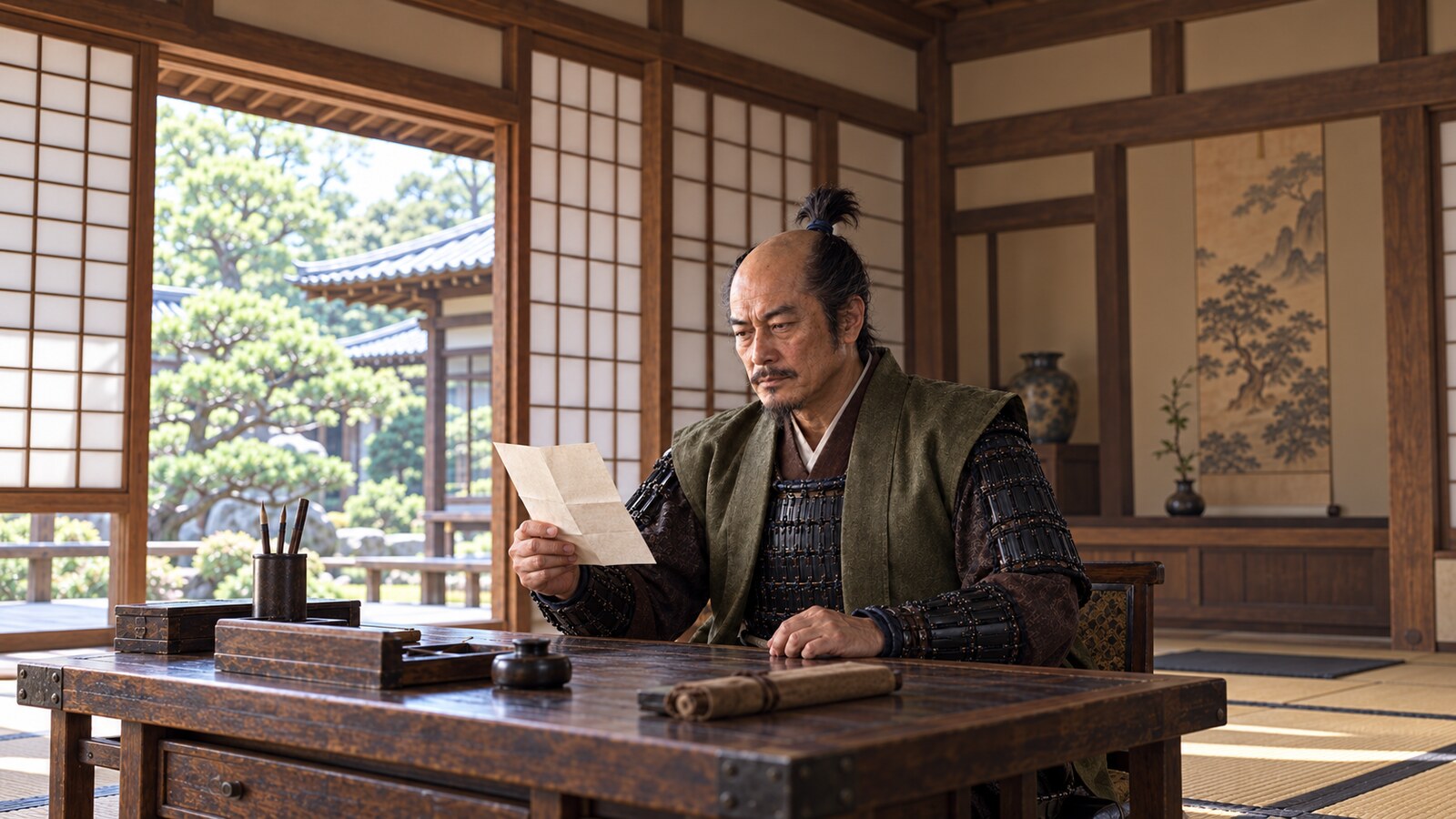 奈良の居所で書状に目を向ける松永久秀の想像図。当日の行動を復元したものではない（AI生成イメージ）