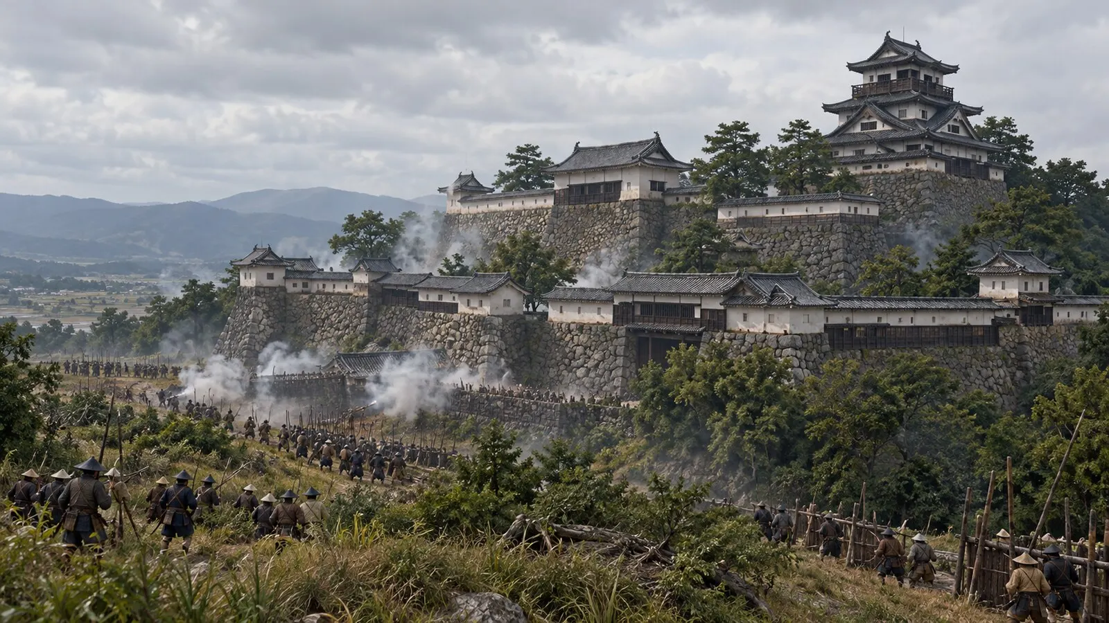 伏見城の攻防を題材とした想像図。城の建物や部隊配置の復元ではない(AI生成イメージ)