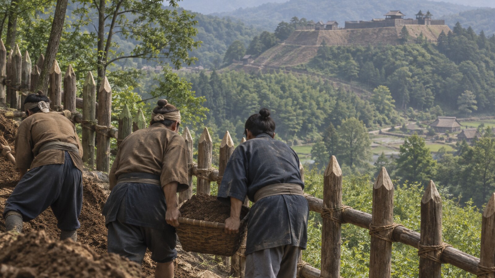 二俣城周辺の付城で土木作業を進める様子を想像した情景。1575年の正確な陣所配置を示すものではない(AI生成イメージ)