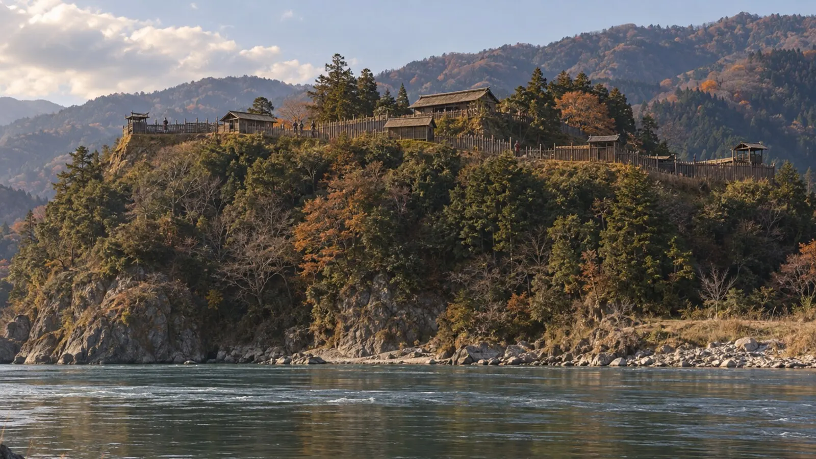 川沿いの丘陵に築かれた二俣城を想像した情景。建物や地形の復元図ではない(AI生成イメージ)